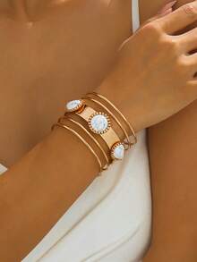 1pc Fashionable Versatile Metal Geometric Open Bangle Bracelet For Women, Everyday Wear - White - View 1