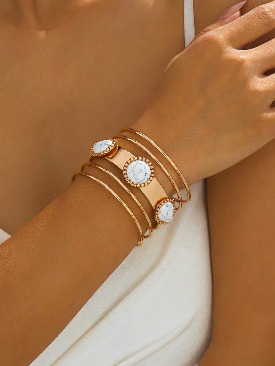 1pc Fashionable Versatile Metal Geometric Open Bangle Bracelet For Women, Everyday Wear - White - View 1