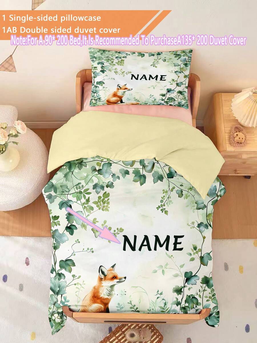 2件套100%涤纶定制狐狸与绿色植物主题床上用品套装，双面印花（1个单面印花枕套+1个双面印花被套），适用于幼儿园/托儿所，数码印花可爱图案被套，儿童被套和枕套，适合幼儿、婴儿、幼儿、儿童（枕套尺寸为90*200/135*200，实际尺寸为50*75）。 - 彩色 - 查看 1