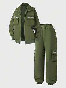 Tween Boy Zip-Up Long Sleeve Letter Print Casual Drawstring Cargo Jacket And Pants Set, Autumn