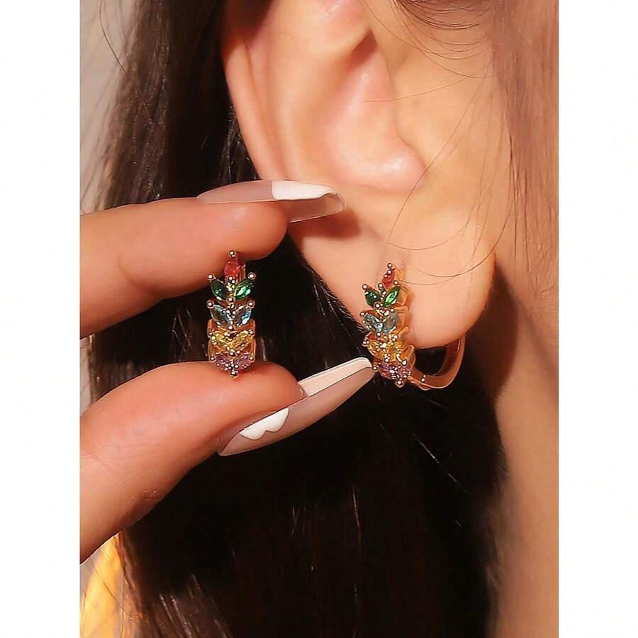 Hihho 1pair Exquisite Cubic Zirconia Wheat Ear Decor Hoop Earrings For Women For Daily Decoration - Vàng - Xem 1
