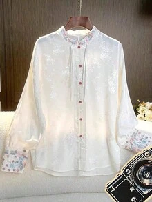 LUCIDVUE 1pc New Chinese Style Women's Shirt, Autumn Chinese Retro Mandarin Collar, Embroidery, Satin, Pearl Button, Long Sleeve Top, Lightweight Improved Hanfu Blouse - White - View 13