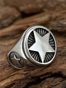 1pc Fashionable 5-Star Stainless Steel Ring, Unisex, US Size - Black - View 2