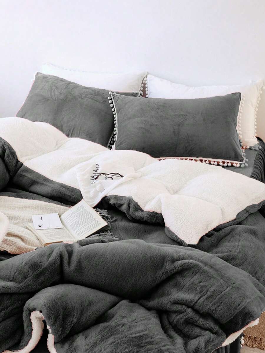 1 件柔软舒适的牛奶丝绒夏尔巴羊毛毯，双层，深灰色，适合卧室和客厅 - 灰色 - 查看 1