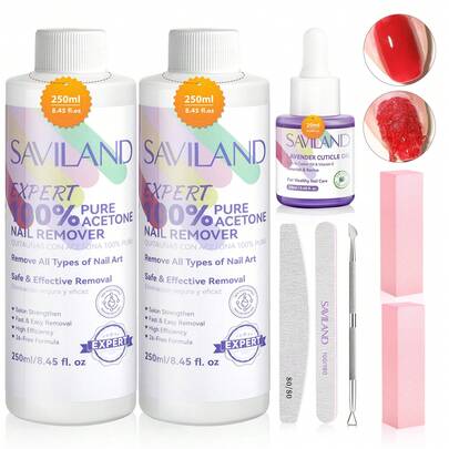  SAVILAND Acetone Nail Polish Remover Kit: 2 Pcs 250ml Nail Polish Remover Removal Gel Polish Remover With Cuticle Oil Removal Tools For Gel Polish Acrylic Dip Powder Salon Home