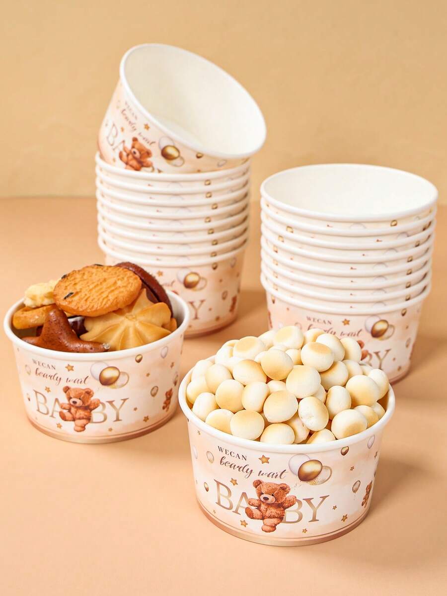 10個 8盎司 棕色氣球熊圖案一次性紙碗，可用作冰淇淋杯、爆米花盒、食物容器，適用於居家廚房、餐廳外帶、野餐派對、廚房用品、食品包裝用品。我們迫不及待！泰迪熊主題生日派對餐具、外帶及日常使用、食物托盤、一次性餐具、性別揭曉派對裝飾、嬰兒洗禮用品。