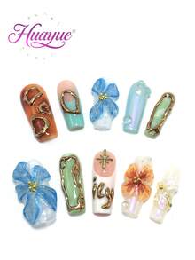 10 Pieces Of 2.5 Cm Almond-Shaped Press-On Nails, Handcrafted, Beach Essentials, Nail Patch, Press On Nails, Nails, Supplies, Summer Nails, Press On Acrylic Nails, Long Nails, Featuring Cross, Petals, Jellyfish, Rhinestones, Faux Pearls, French Tips, Gradient, 3D Sculptured Designs, And Versatile, Punk Style