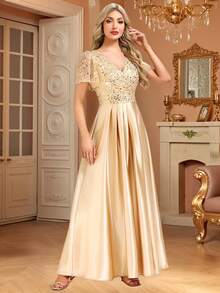 EVERPRETTY 优雅长款晚礼服女士香槟金色亮片正式礼服V领半正式晚会礼服