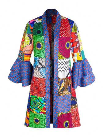 Fashionable African Batik Women's Outerwear Patchwork Random Pattern Printed Polyester