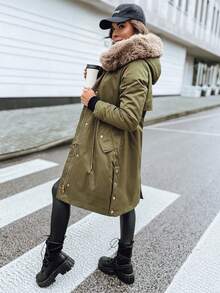 Women's Winter Parka With A Soft Teddy Bear Pattern For Warmth, A Removable Hood With Faux Fur, And An Adjustable Waist With Practical Zip And Snap Fastenings. A Warm And Cozy Outerwear Perfect For Everyday Looks In Autumn And Winter. - Green - View 2