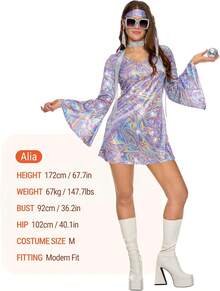 70s Disco Costume For Women, Retro Halloween Party Dress With Accessories, 1970s Dance Outfit - 紫色 - 查看 9