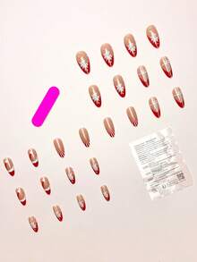 24 件/套圣诞主题杏仁形按压指甲，采用红色圣诞帽、条纹、闪光、雪花设计，包括果冻凝胶和指甲锉，适合女孩/女士节日、约会、派对指甲，秋冬 - 彩色 - 查看 3