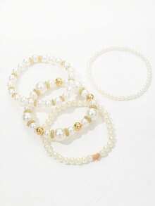 4Pcs Pearl Heart Bracelet Set Dainty Fixed Fit Charm Boho Elegant Jewelry Gift For Women Mom Daughter Valentines Day