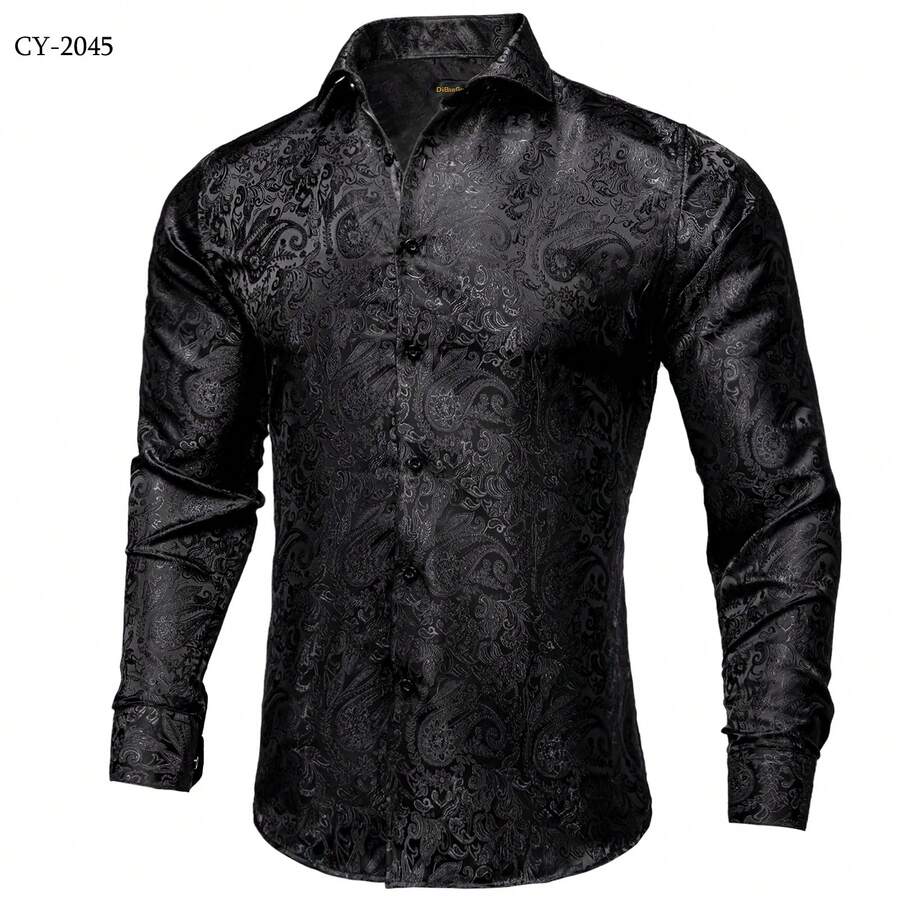 Mens Shirt Long Sleeve Black Paisley Tops Regular Fit Wedding Formal Casual Button Coats - Black - View 1