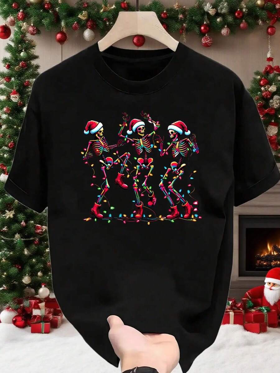 Camiseta Navideña Divertida de Esqueleto Bailarín para Hombre - Manga Corta Negra, Cuello Redondo, Camiseta Gráfica Festiva con Gorros de Papá Noel y Luces, Perfecta para Regalos de Verano y Navidad, Camisetas de Navidad, Camisetas Divertidas para Hombre, Camisetas Gráficas para Hombre, Camisetas Divertidas para Hombre, Camisetas para Hombre - Negro - Ver 1