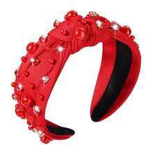 Valentines Day Headband For Women Red Heart Knotted Pearl Rhinestone Jeweled Hairband Fashion Valentine Holiday Wide Head Band Hair Accessories Gifts (Red Knot Hairband) - 紅結髮帶 - 查看 2