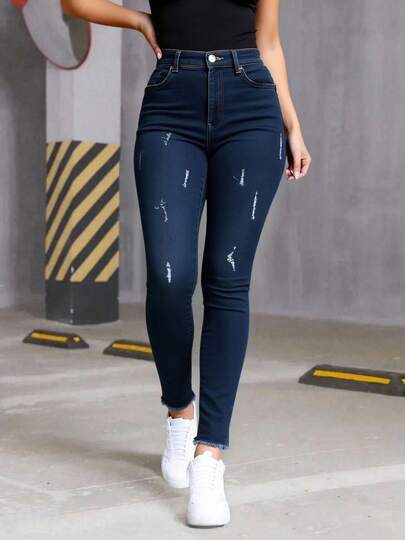 Mujer casual mezclilla cintura alta sexy cómodo con detalle desgastado diseño ajustado primavera verano uso diario pantalón skinny