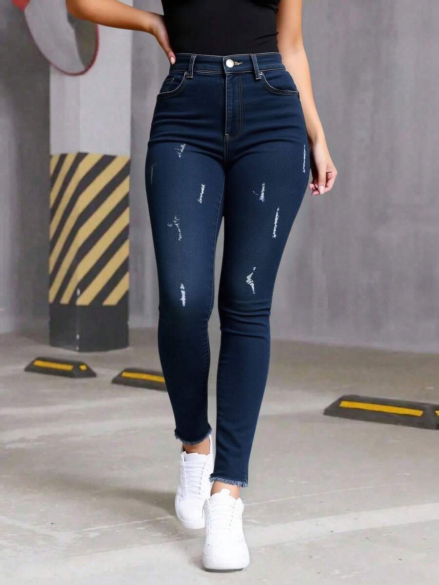 Mujer casual mezclilla cintura alta sexy cómodo con detalle desgastado diseño ajustado primavera verano uso diario pantalón skinny - Azul - Ver 1