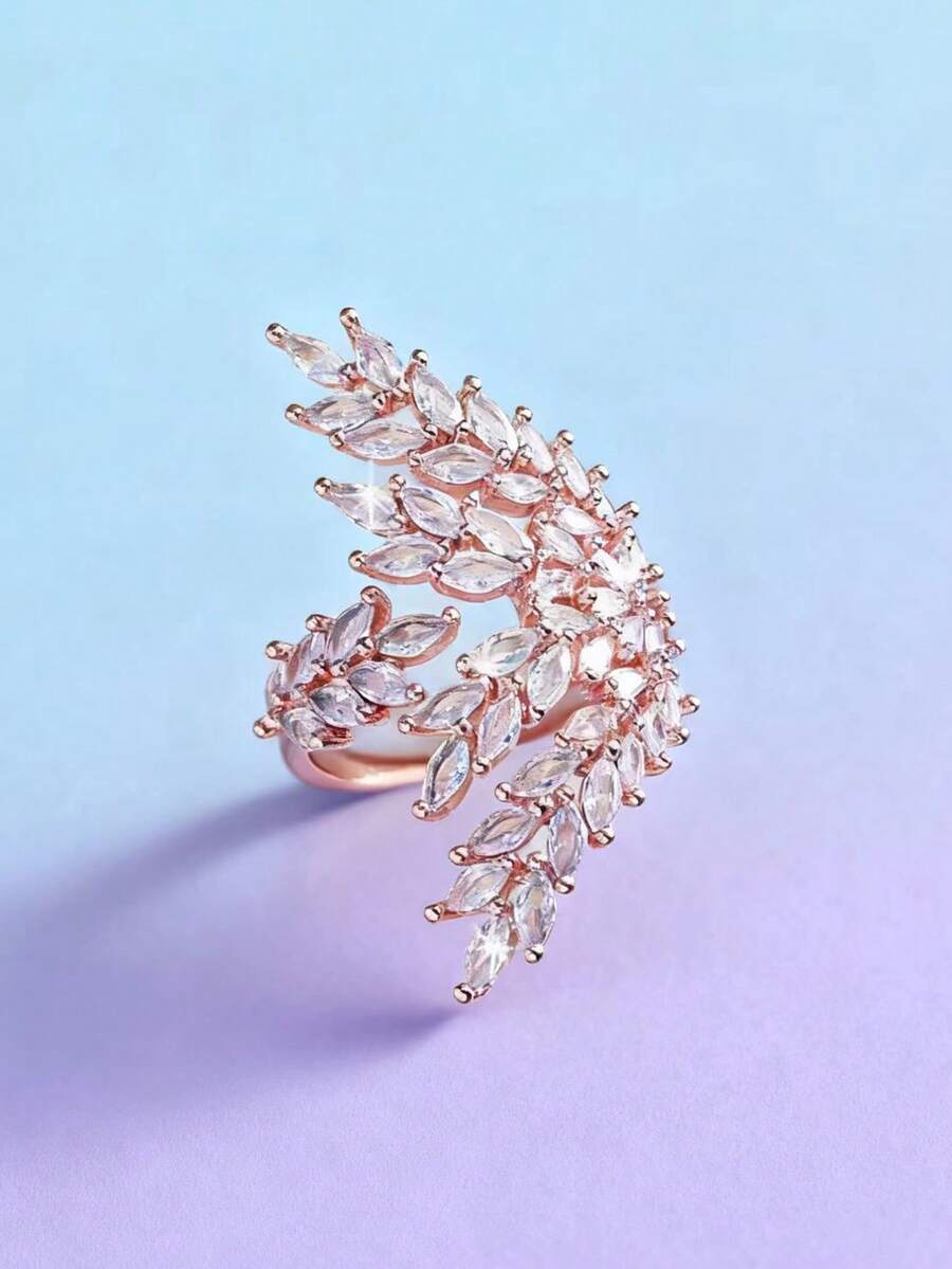 1pc Maple Leaf Open Ring, Suitable For Everyday Wear - Rose Gold + White - View 1