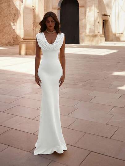 Basrey New Elegant White Solid Color Waist Tie V-Neck Open Shoulder Mermaid Maxi Dress, Suitable For Weddings, Parties, Formal Occasions Spring