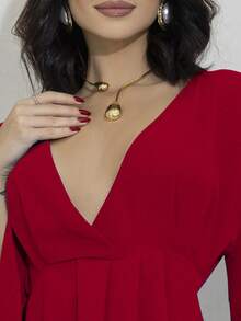 Women's Short Dress Long Sleeve Flare Duna Loose Sensual Neckline Foreign Fashion 2025 - Đỏ - Xem 5
