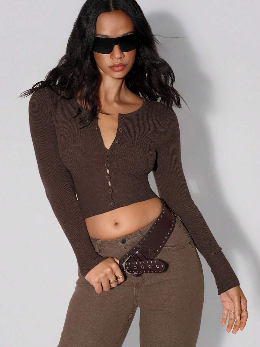 TypaGal Cardigan & Solid Color Shorts Set, Long Sleeve, Simple, Fashionable & Casual For Daily Wear Knit Bodycon Brown Fall Autumn Winter Casual Sporty Chic Modern Going Out Elegant Party - Brown - View 1