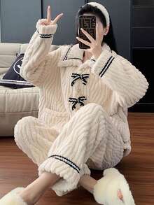 New Fall/Winter Women's Flannel Pajamas, Thick Coral Fleece Plus Velvet, Sweet Princess Style, Warm, Long Sleeves, Perfect For Christmas