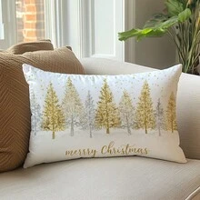 1pc Christmas Minimalist Golden Christmas Tree & Snowflake Decorative Pillow Cover, Single-Sided Soft Peach Velvet Fabric, 30*50cm/40*60cm Cushion Cover For Modern Sofa, Indoor Decor, Party Decoration, Gift