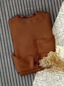 Pull tricoté pour femme, col rond, patchwork en dentelle moelleux de couleur unie, manches longues élégantes et décontractées, idéal pour les saisons de printemps et d'automne - Couleur café - Voir 2