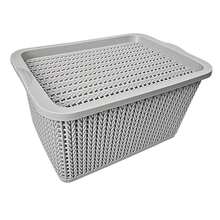 Vmingo Basket Organizer Box Plastic Rattan Woven Design Stackable With Lid Multipurpose Box For Clothes Toys Bathroom Kitchen Closet Decorative Storage Organizer For Home 2pcs - Grey - View 3