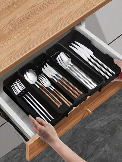 1pc 19"/23" Expandable Cutlery Organizer, Kitchen Drawer Divider Utensil Tray With Lid, Dust-Proof Cabinet Mounted Compartment For Knives, Forks, Spoons, Chopsticks Storage, Cutlery Divider Organizer