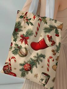 1 Stück Weihnachtsstrumpf Muster Tragetasche, große Kapazität Schultertasche, Damen Lässig Handtasche, Segeltuch Tragetasche geeignet für Arbeit, Schule, Einkaufen