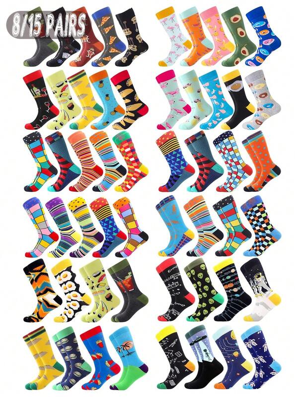 8/15 paires de chaussettes mi-mollet pour hommes - idéales pour l'automne et l'hiver, style unisexe. Caractéristiques : imprimés divers (aliments, animaux, géométriques, thème de l'espace, etc.), designs vibrants, tissu doux et chaud, parfait à porter pour les hommes et les femmes.