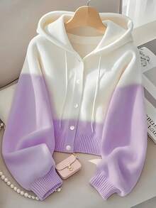 Women's Elegant Pink-White Color Block Hooded Cardigan Sweater - Loose And Short Style, Front Button Design, Soft Elastic Fabric. This Comfortable Autumn & Winter Outerwear Is Suitable For Casual And Semi-Formal Outfits, Daily Wear. It Features Comfortable Fabric, Elastic Material, Fashionable Knitwear, And Is Ideal For Office Wear. - 紫色 - 查看 1