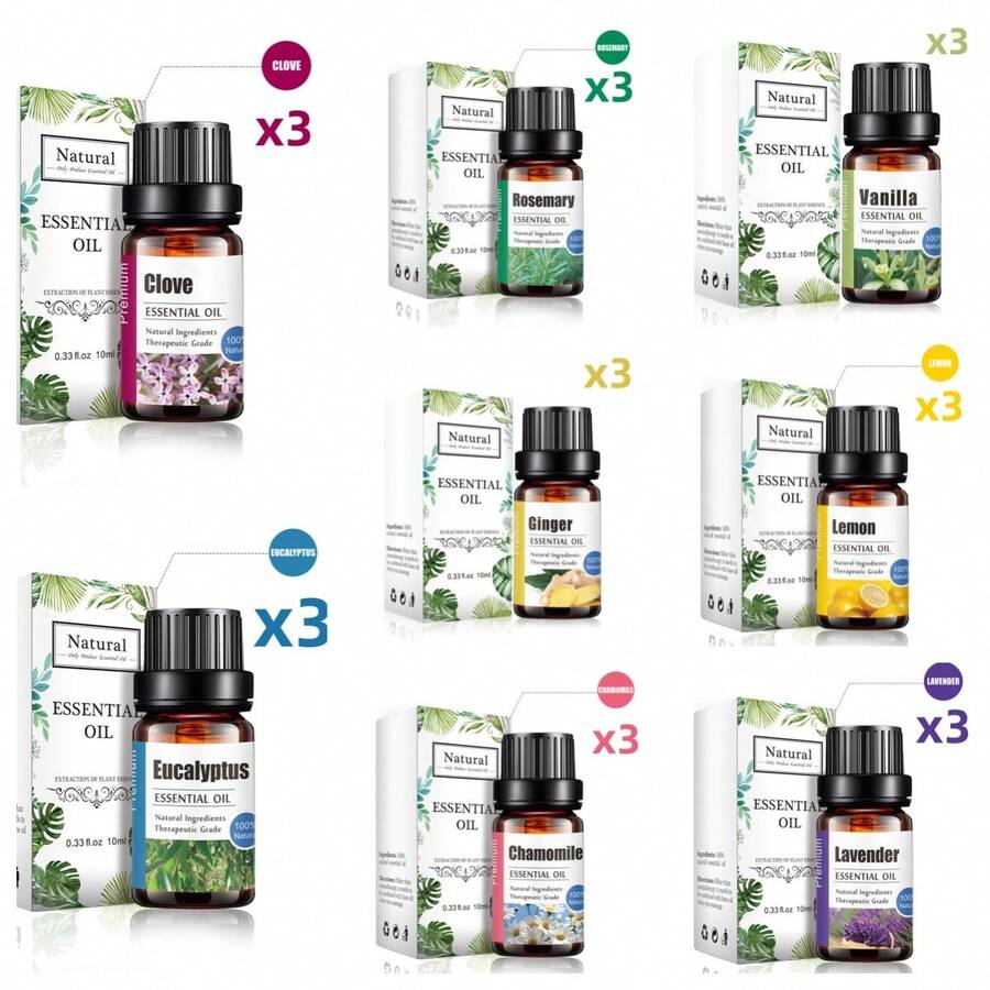 3 Stücke 10ml/0,33 fl.Oz Aromatherapie Reine Ätherische Öle Wellness Natürliche Zutaten Pflanze Fügt Reichhaltigen Dicken Aroma Duft Premium Düfte für Diffuser, Erweiterte Duftstein, Luftbefeuchter Geschenk Eukalyptus Zitrone Nelke Vanille Ingwer Kamille Rosmarin Lavendel