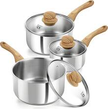 KOCH SYSTEME CS Stainless Steel Pots, 6 Piece Sauce Pan Set With Lids, 1QT, 2QT, 3QT Stainless Steel Saucepan With Cool-Touch Handles, 5-Layers Base Pots, Induction Compatible Sauce Pan, Pot Set