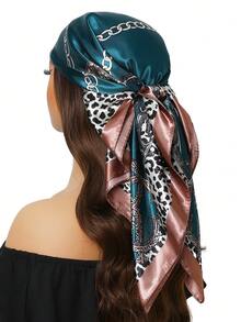 1pc Light Blue Printed 90cm Square Scarf, Casual Headscarf, Travel Sun Protection Headwrap, Party Gift