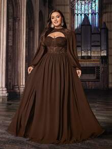 Stunning Plus Size Women Solid Color Lace Splicing Long Sleeve Bodice Chiffon Gown Dress, Valentine's Day - Chocolate Brown - View 4