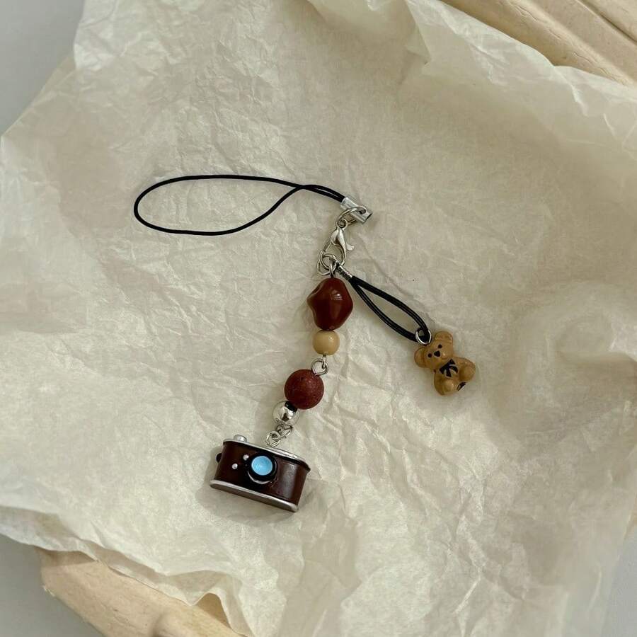 Dot Color Original Retro Camera Beaded Mobile Phone Chain Creative Bag Hanging Key Chain Bear CCD Chain Accessories - Dây đeo hình gấu máy ảnh - Xem 1