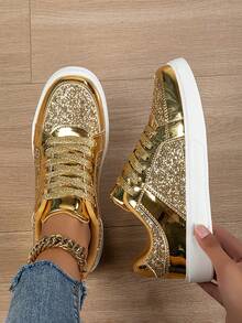 Tênis Casuais Femininos, Sapatos Sociais Brilhantes de Moda, Sapatos Plataforma Cadarço Plano, Cor Dourada Brilhante a Laser