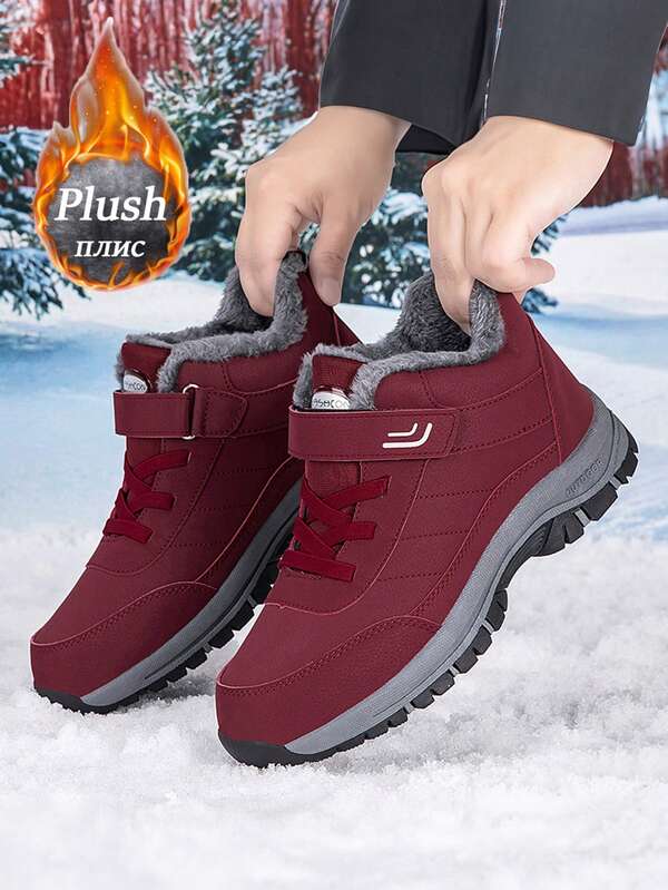 Botas de nieve forradas de felpa para papá y mamá, zapatos con forro de piel suave para mujeres y personas mayores, zapatos cálidos para caminar, cómodos y ligeros, antideslizantes y con amortiguación de impactos, con cordones de , en negro y rojo, adecuados para clima invernal frío, uso diario, caminar, senderismo al aire libre, trekking en la nieve