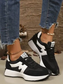 Tênis de Plataforma da Moda Feminina, Design de Sola Que Afina a Cintura, Sapatos de Caminhada Estilosos e Respiráveis, Suporte Confortável, Adequado para Uso Diário e Exercícios, Tênis Esportivos, Sapatos Casuais - Preto - Visão 1