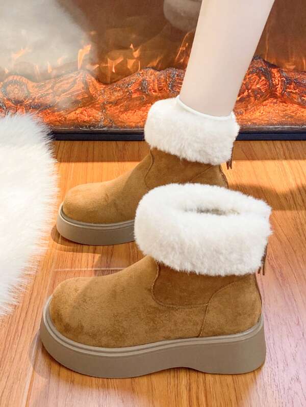 Women's Brown Suede Ankle Boots With Faux Fur Cuff, Chunky Platform Winter Boots For Warm Casual Wear
