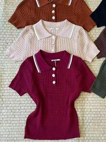 Women's Knitted Polo Shirt With Buttons Color Block Knit Knit Buttons On The Front Contrasted Waist Button Evening Holiday Wedding - 酒紅色 - 查看 2