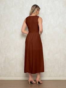 Elegant Women's Crepe Dress - Fitted Waist, Discreet Neckline And Loose Skirt - Ideal For Formal And Casual Occasions - 巧克力 - 查看 2