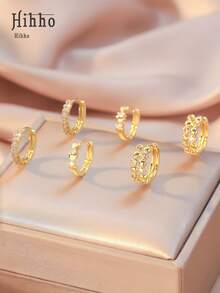 Hihho 6pcs/Set Classic Retro Zirconia Stud Earrings Set, Minimalist Luxury Design Earrings, Suitable For Daily Stacking Or Single Wear, Best Gift For Friends - Yellow Gold - View 7