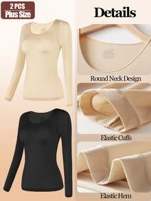 2pcs/Set Plus Size Women Seamless Black Ultra Thin Warm Long Sleeve Round Neck No-Trace Base Layer Top Slim Fit High Elasticity Autumn/Winter - Multicolor - View 5