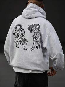 Krometka Men's Tiger Element Print Thermal Lined Hoodie, Autumn/Winter New Street Fashion - Grey - View 3