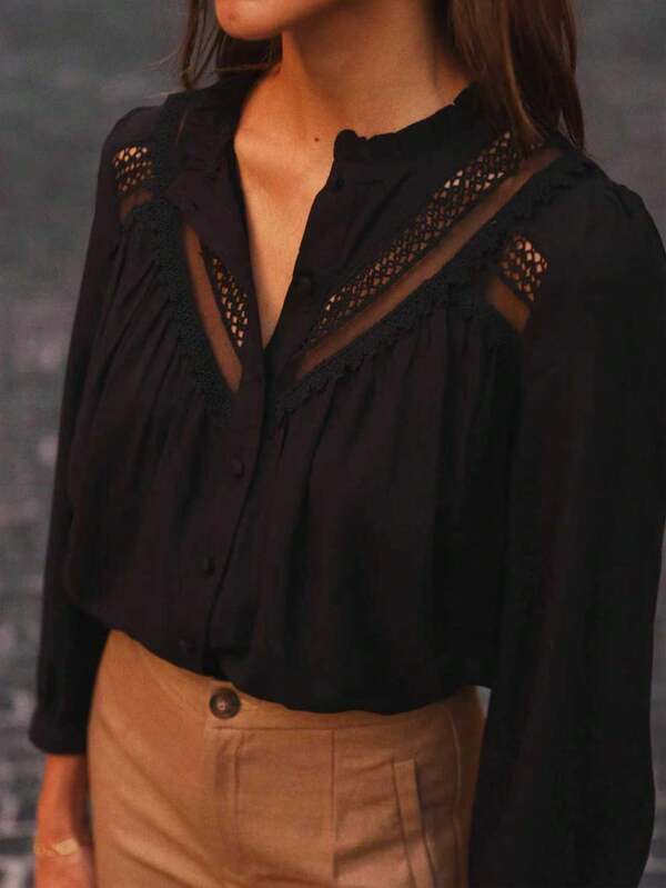 Chemise pour femme, détails de couture en dentelle de couleur unie, blouse d'une élégance romantique raffinée