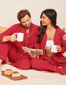 Couple Matching Pajamas 100% Cotton Long Sleeve Sleepwear Button Down Loungewear Pjs Set S-XXLhalloween - 紅色 - 查看 2